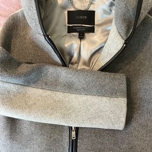 J Crew wool coat mid-length, zippered, hooded.